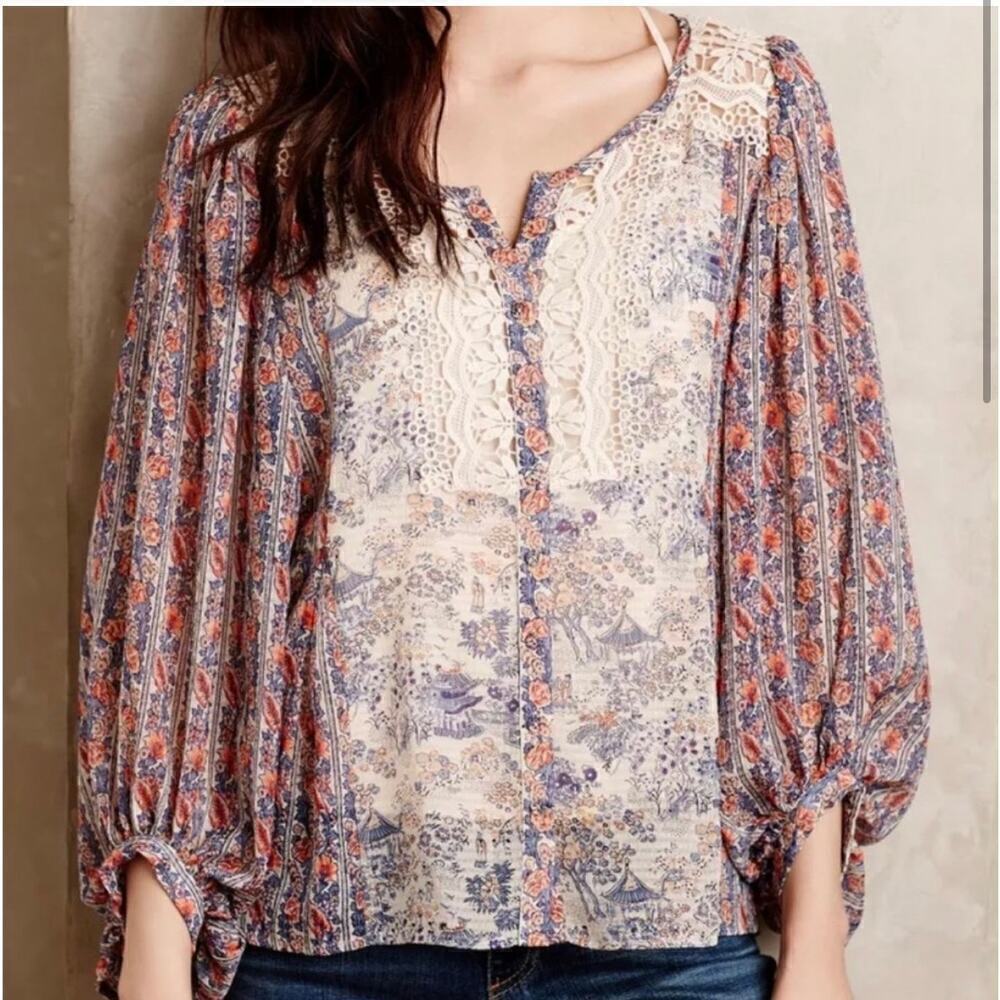 Anthropologie HD in Paris Chinoiserie Peasant Blouse Top Size 4